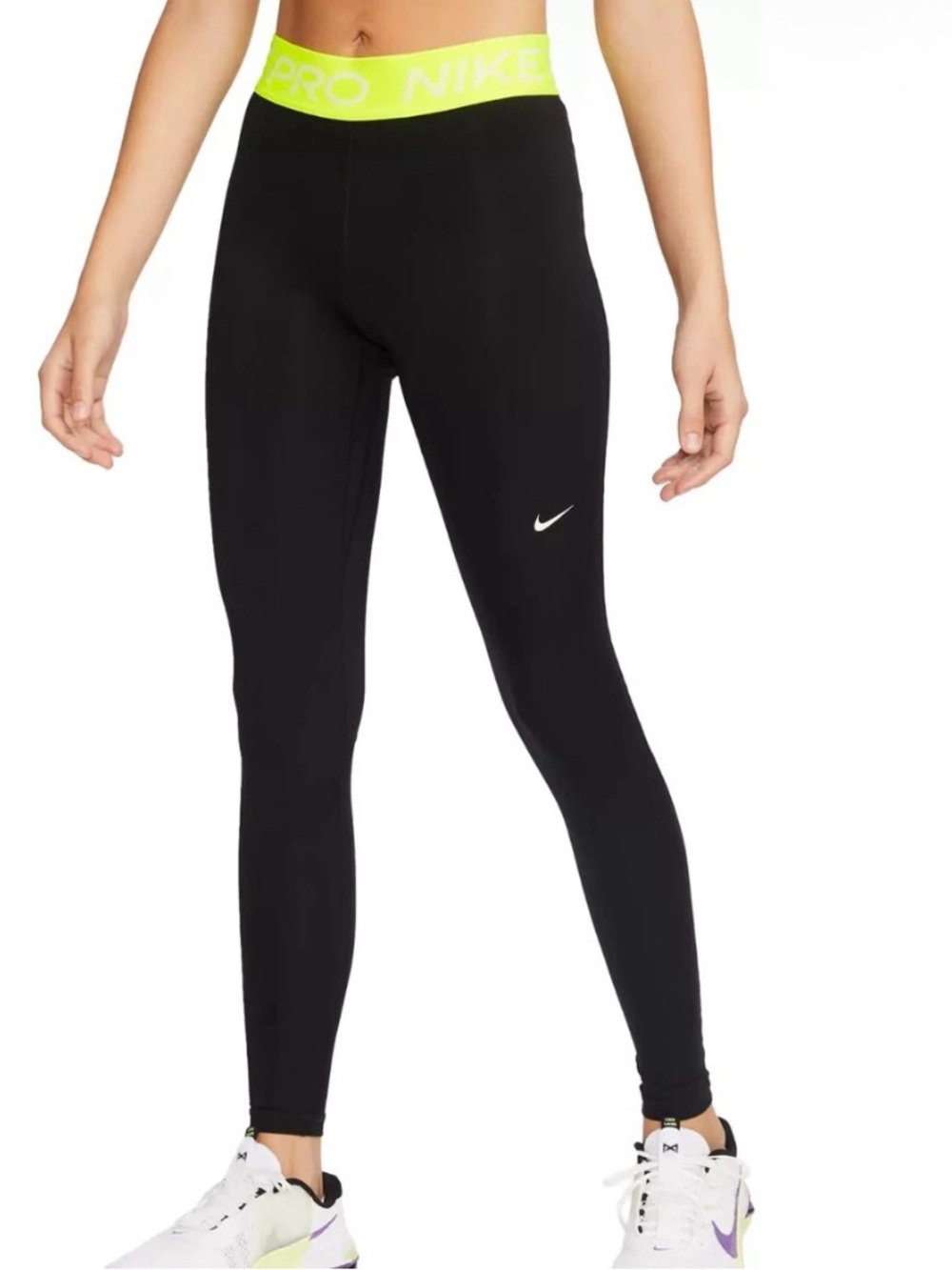 Nike Women’s Black Pro Mid-Rise Leggings with Neon Waistband Size Large
